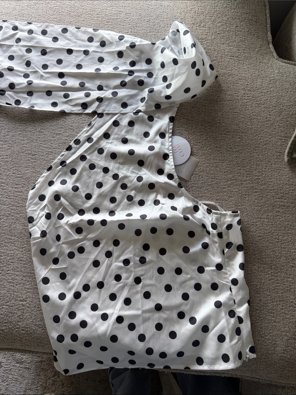 Polka Dot One-Shoulder Satin Blouse - White/Black